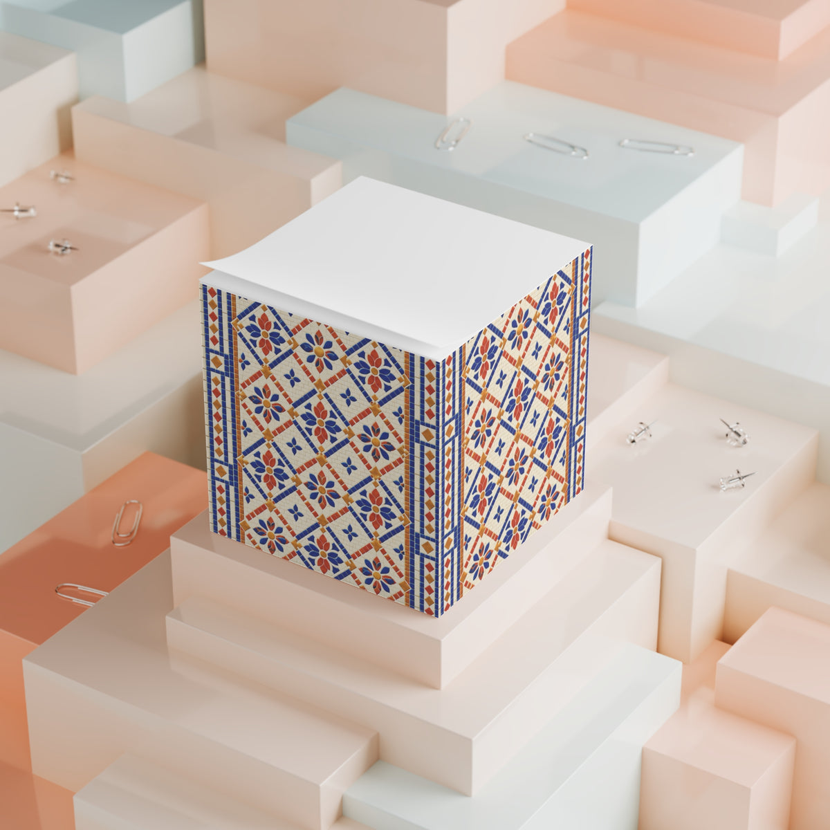 Mediterranean Tile Note Cube – Decorative Floral Pattern Sticky Note Block