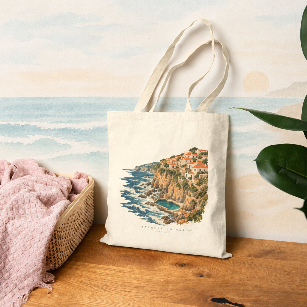 Sereno Seaside Cliffs Canvas Tote — Azenhas do Mar Portugal Illustrated Beach Town Bag