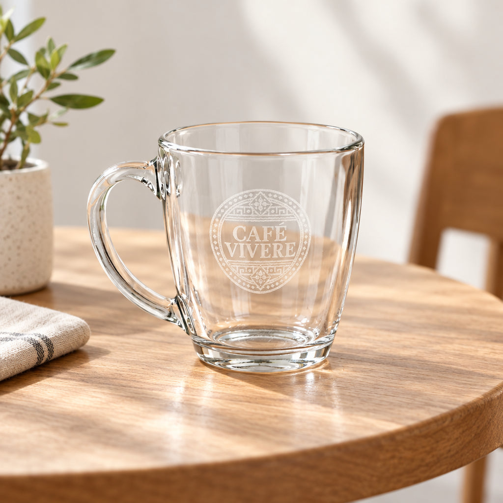 Engraved Tapered Glass Mug — 'Café Vivere' 15.5 oz Coffee Cup