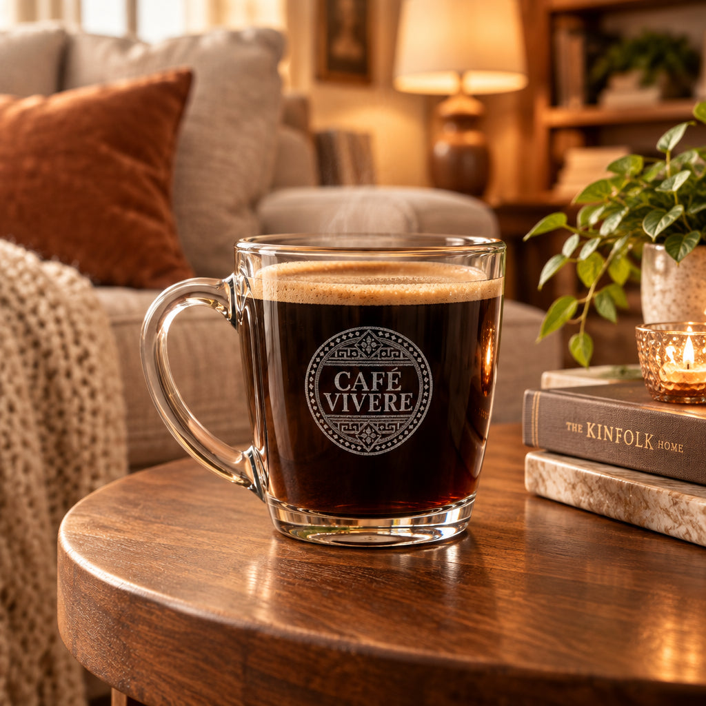 Engraved Tapered Glass Mug — 'Café Vivere' 15.5 oz Coffee Cup