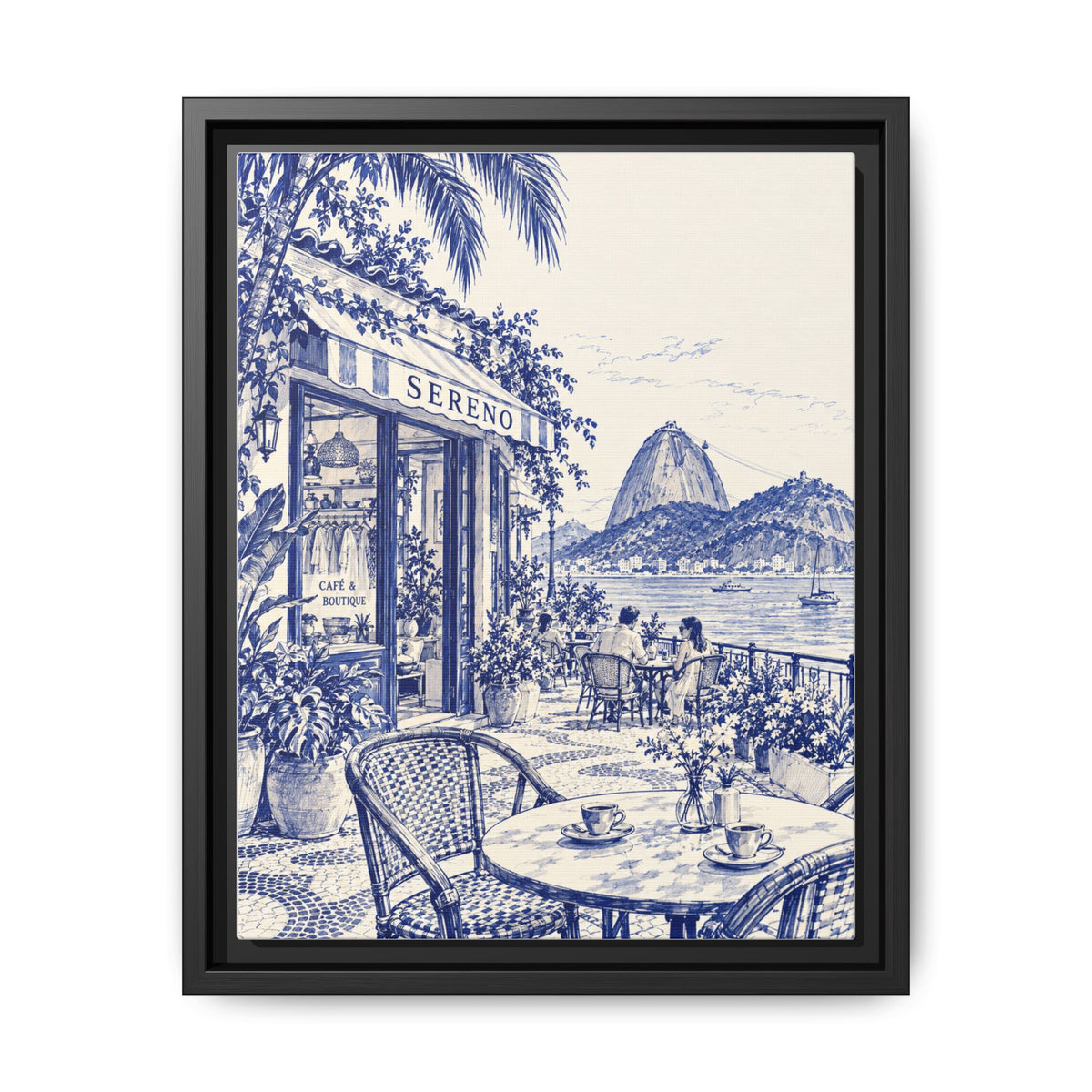 Sereno by Café Vivere - Rio de Janeiro Coast Blue Ink Matte Canvas Print, Framed (Multi-color)