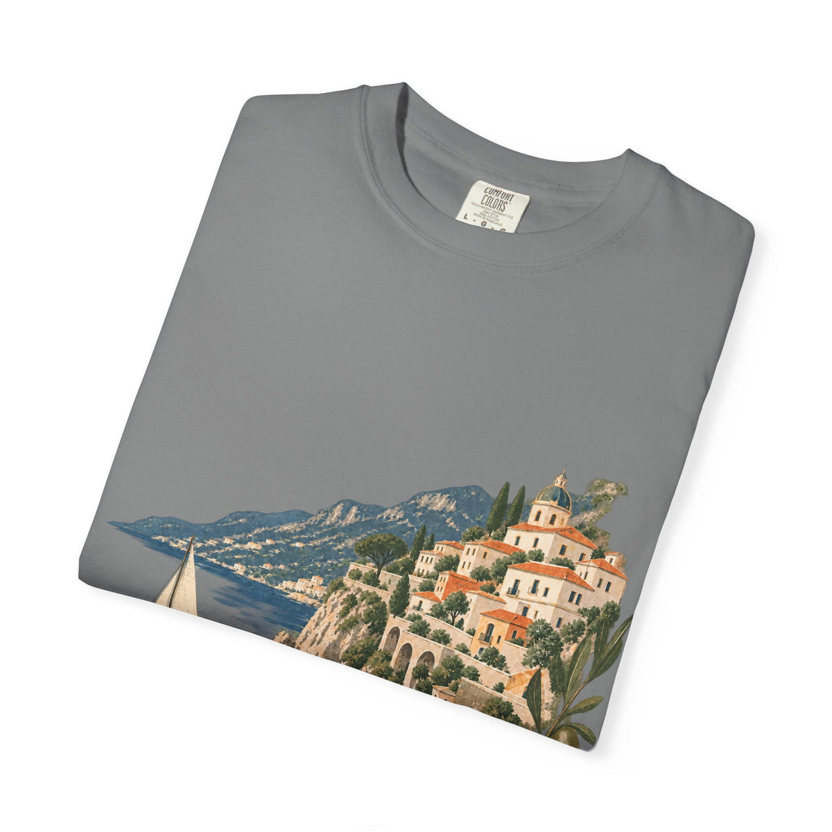 Coastal Italia T-Shirt — Café Vivere Amalfi Cliffside Sailboat Design