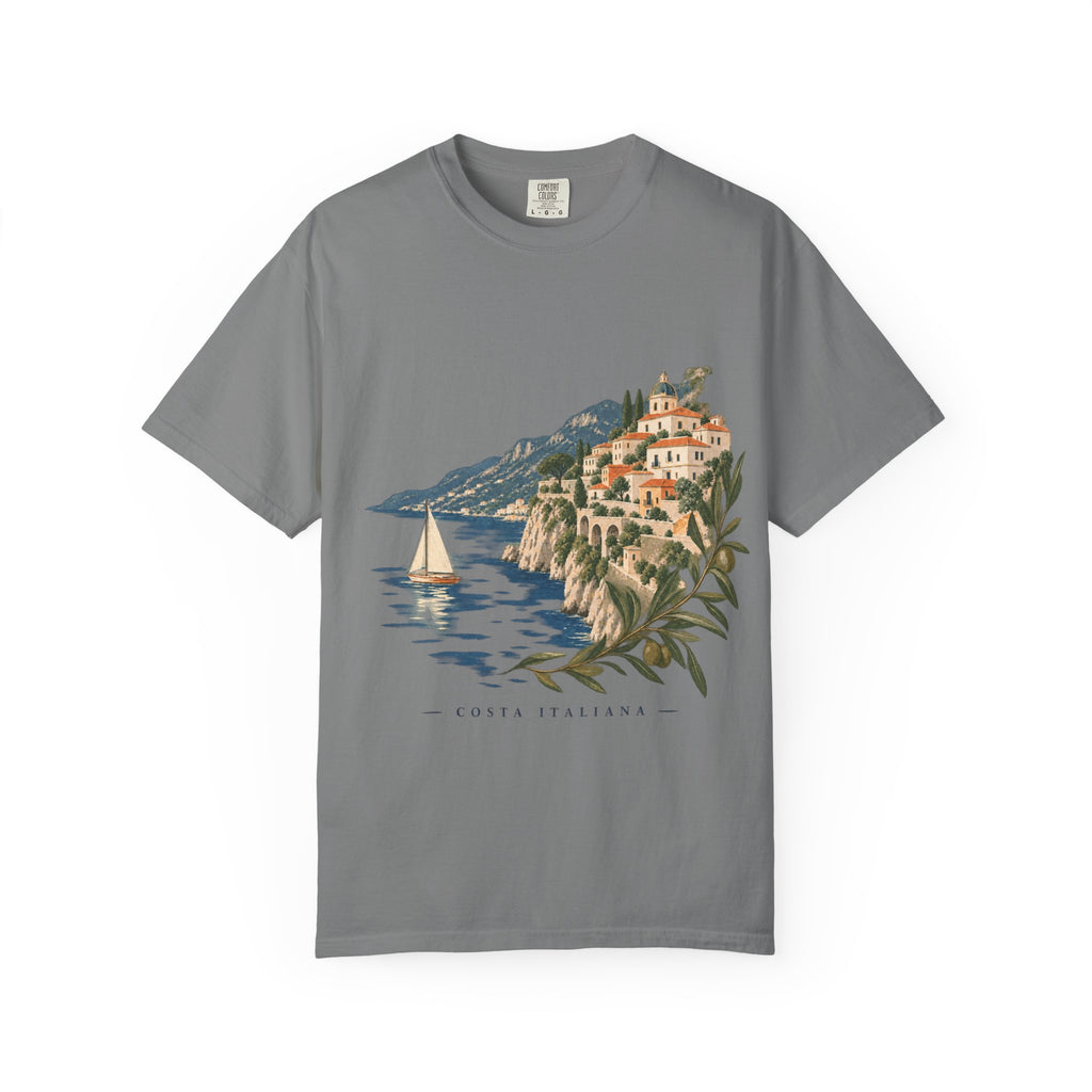 Coastal Italia T-Shirt — Café Vivere Amalfi Cliffside Sailboat Design