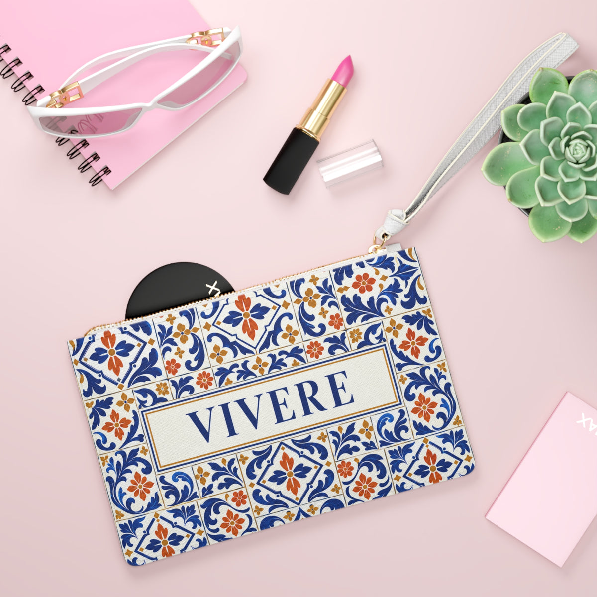 Vivere Tile Print Wristlet Clutch — Mediterranean Ceramic Pattern Cosmetic Bag