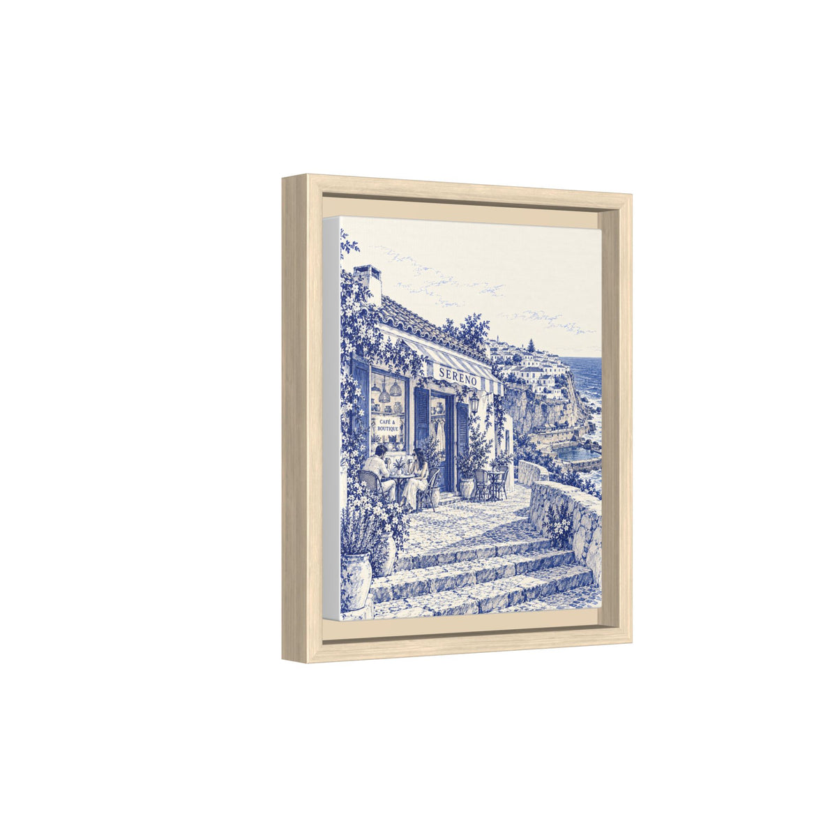 Sereno by Café Vivere - Azenhas do Mar Coastal Blue Ink Matte Canvas Print, Framed (Multi-color)