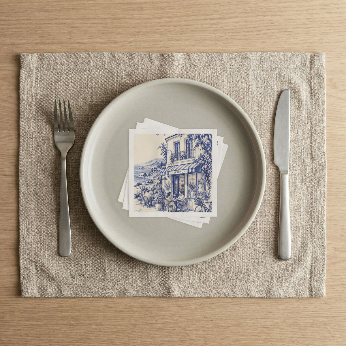 Pacific Coast Highway, California Boutique Café Cocktail Napkins — Sereno by Café Vivere Blue Bistro Coastal Scene