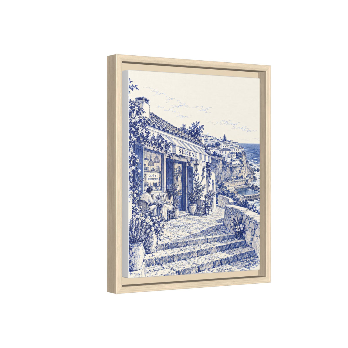 Sereno by Café Vivere - Azenhas do Mar Coastal Blue Ink Matte Canvas Print, Framed (Multi-color)