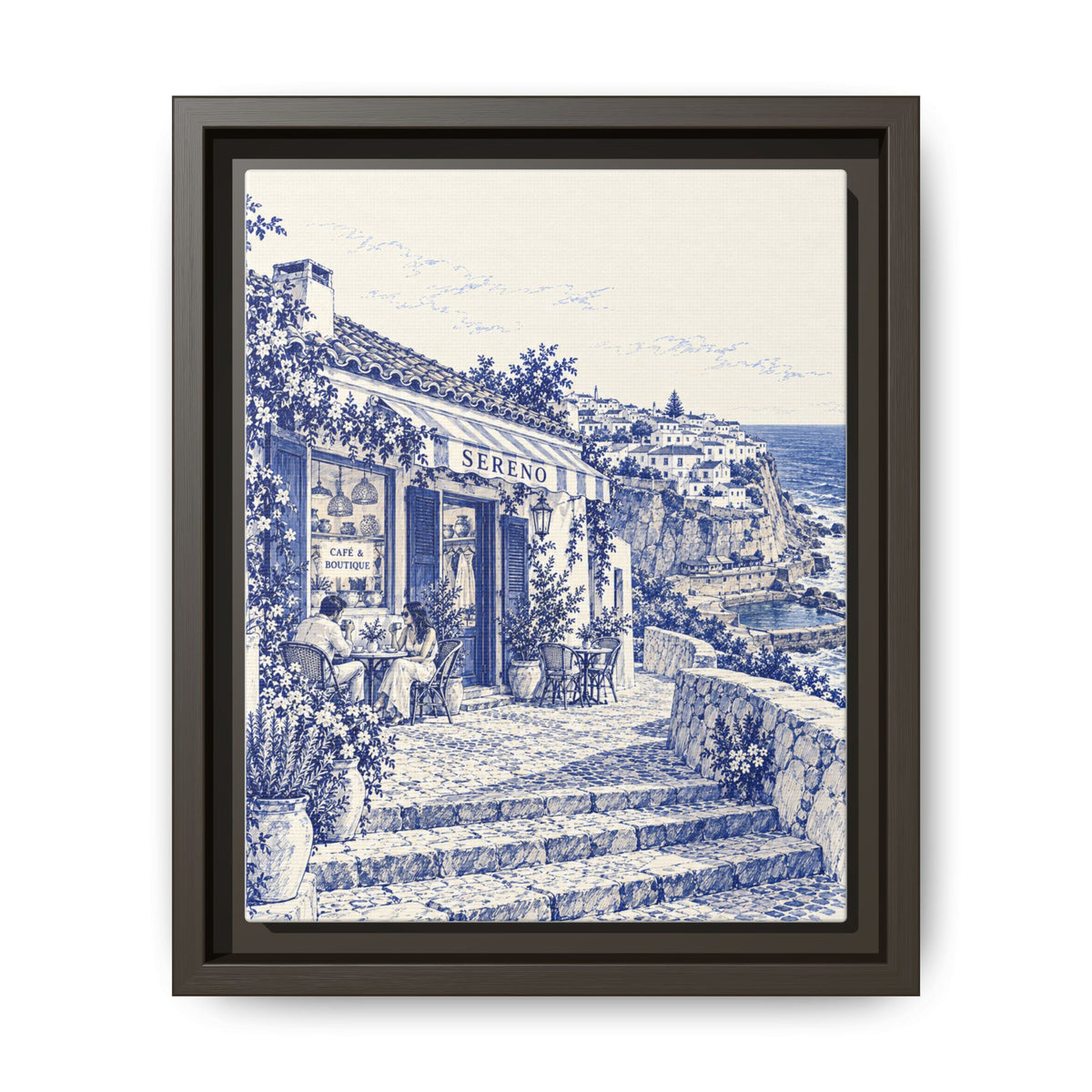 Sereno by Café Vivere - Azenhas do Mar Coastal Blue Ink Matte Canvas Print, Framed (Multi-color)