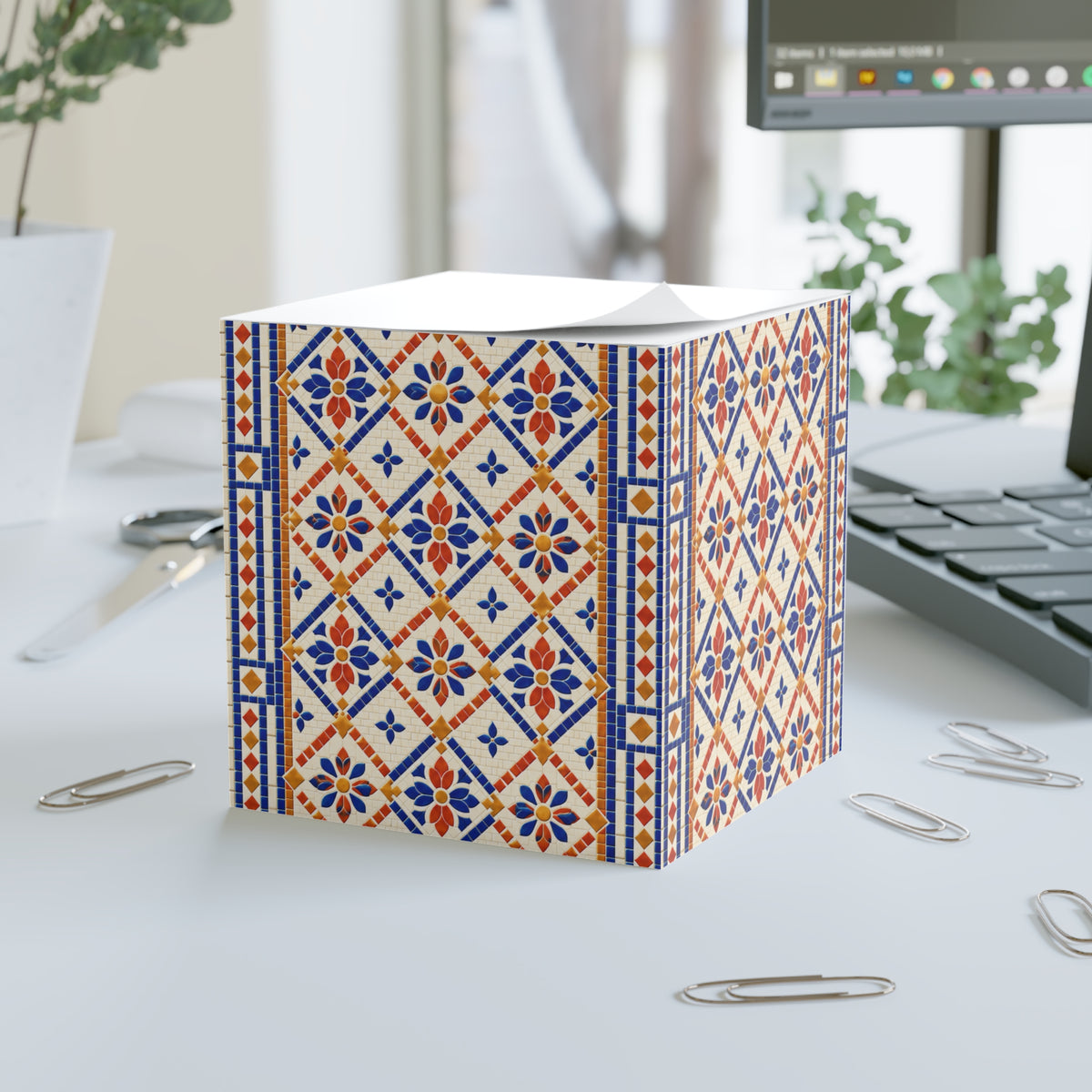 Mediterranean Tile Note Cube – Decorative Floral Pattern Sticky Note Block