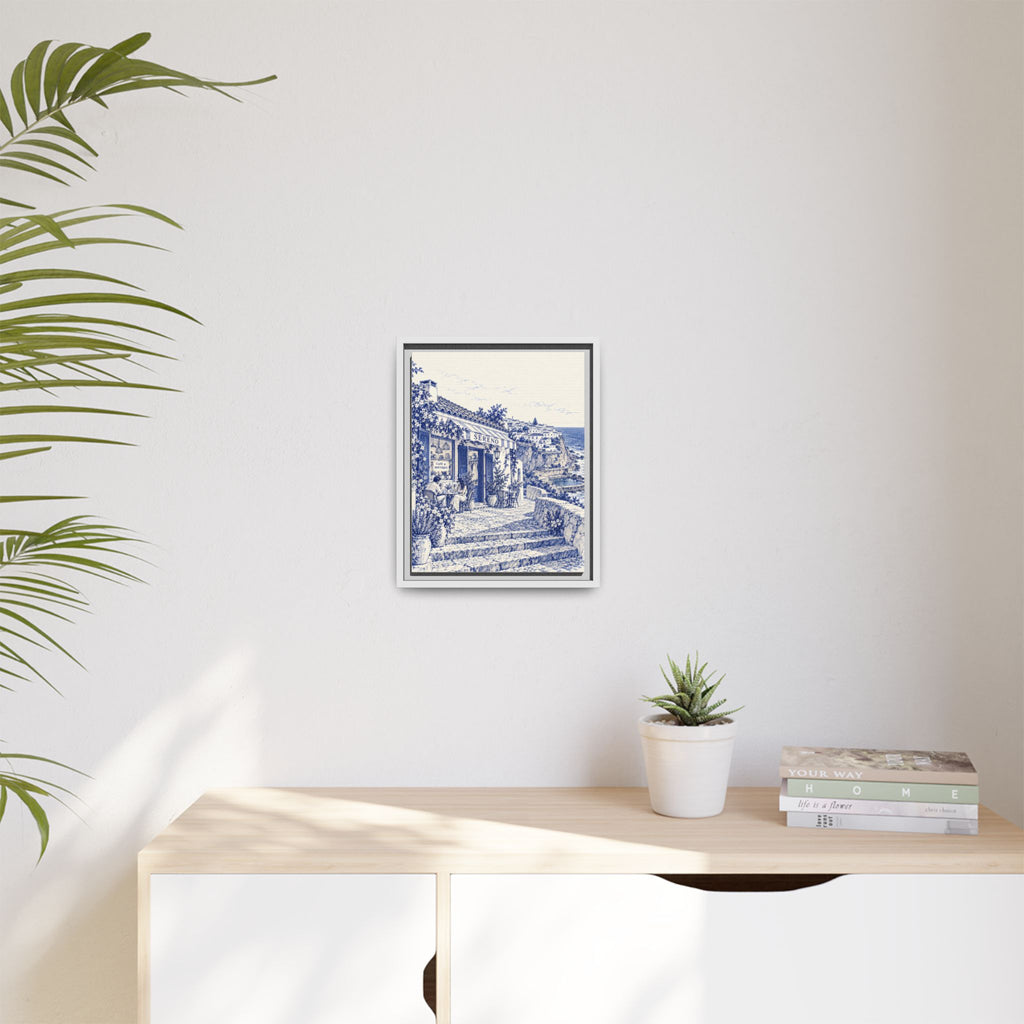 Sereno by Café Vivere - Azenhas do Mar Coastal Blue Ink Matte Canvas Print, Framed (Multi-color)