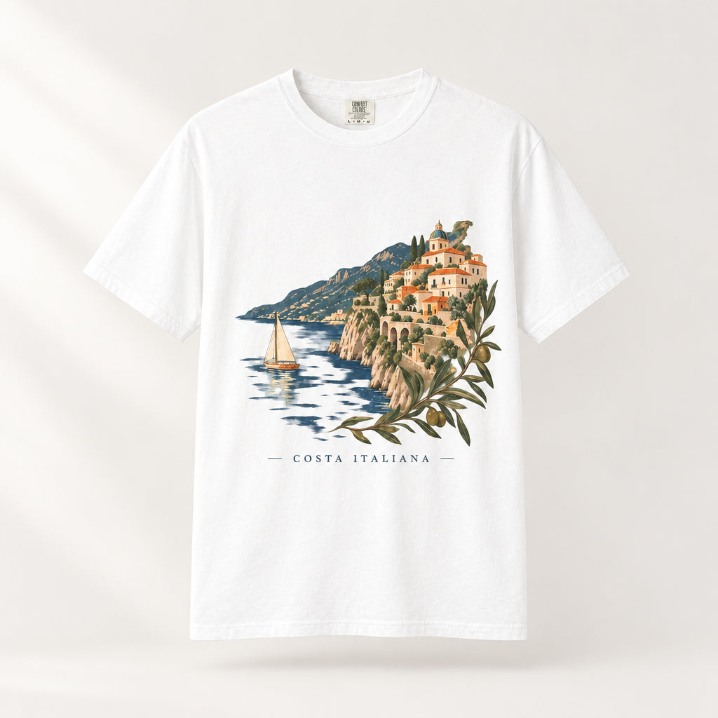 Coastal Italia T-Shirt — Café Vivere Amalfi Cliffside Sailboat Design