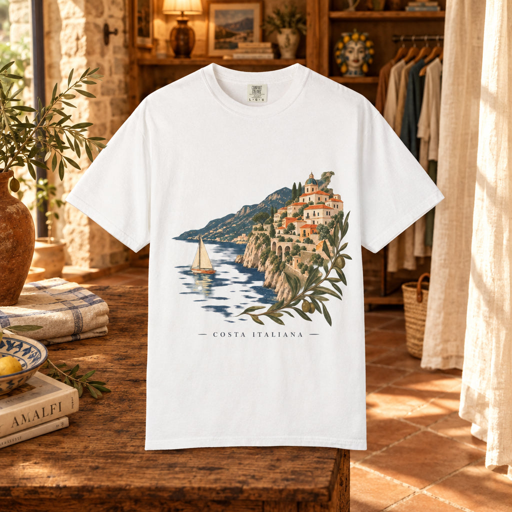 Coastal Italia T-Shirt — Café Vivere Amalfi Cliffside Sailboat Design