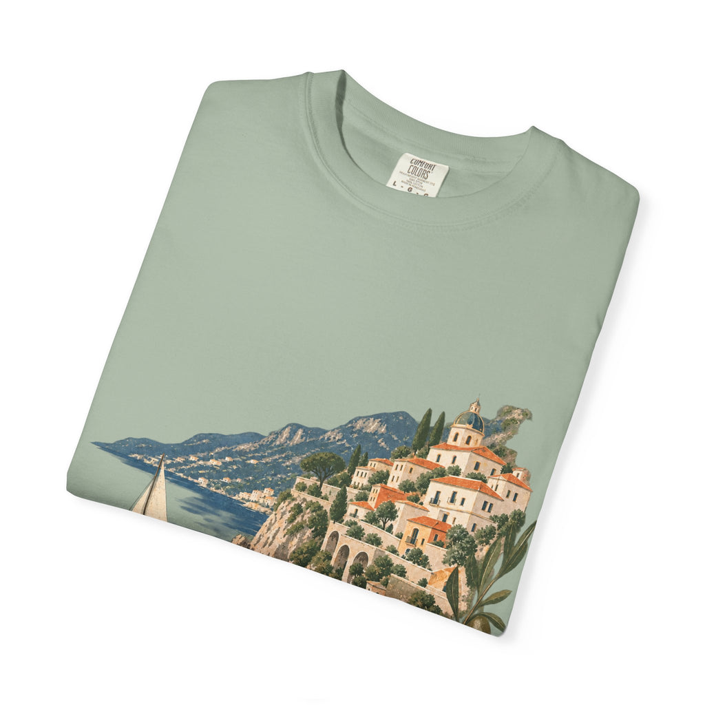 Coastal Italia T-Shirt — Café Vivere Amalfi Cliffside Sailboat Design