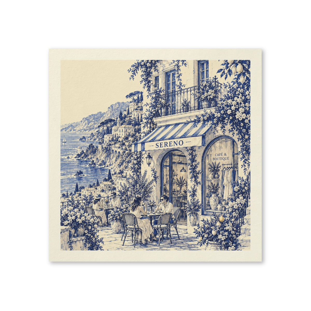 Amalfi Coast Boutique Café Cocktail Napkins — Sereno by Café Vivere Blue Bistro Coastal Scene