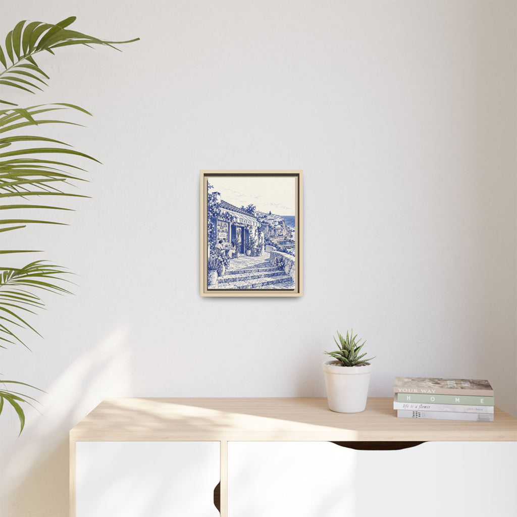 Sereno by Café Vivere - Azenhas do Mar Coastal Blue Ink Matte Canvas Print, Framed (Multi-color)