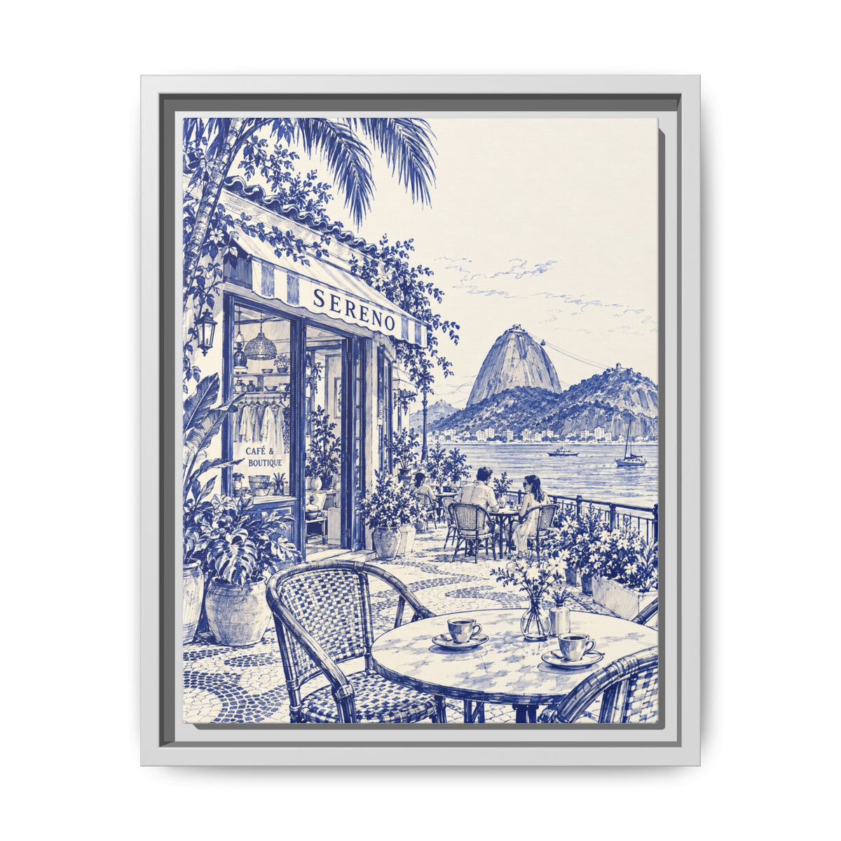 Sereno by Café Vivere - Rio de Janeiro Coast Blue Ink Matte Canvas Print, Framed (Multi-color)