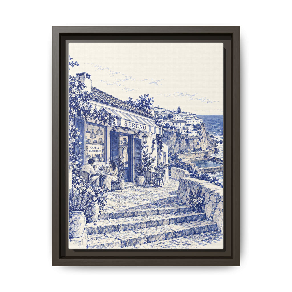 Sereno by Café Vivere - Azenhas do Mar Coastal Blue Ink Matte Canvas Print, Framed (Multi-color)