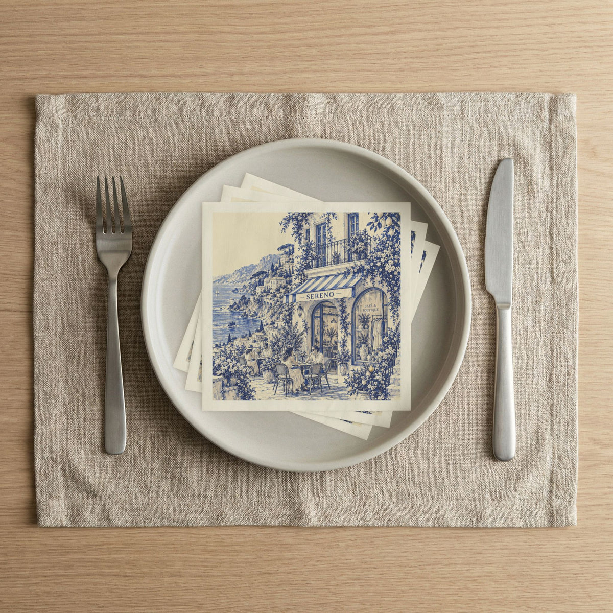 Amalfi Coast Boutique Café Cocktail Napkins — Sereno by Café Vivere Blue Bistro Coastal Scene