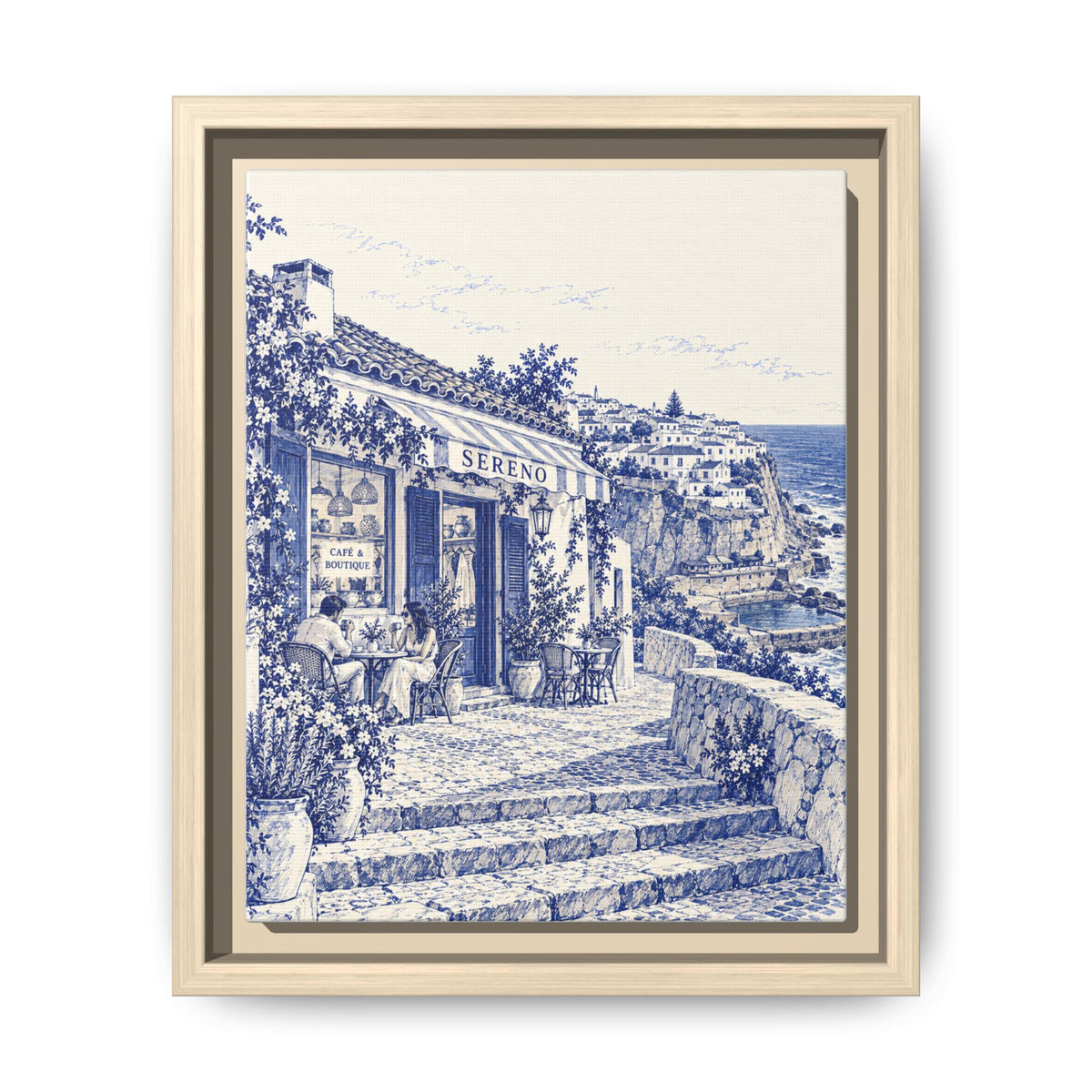 Sereno by Café Vivere - Azenhas do Mar Coastal Blue Ink Matte Canvas Print, Framed (Multi-color)