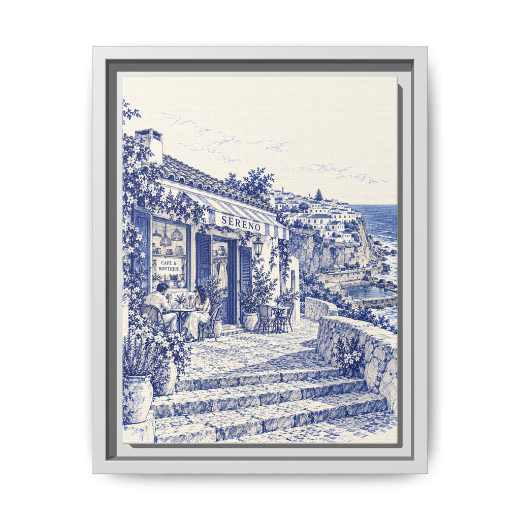 Sereno by Café Vivere - Azenhas do Mar Coastal Blue Ink Matte Canvas Print, Framed (Multi-color)