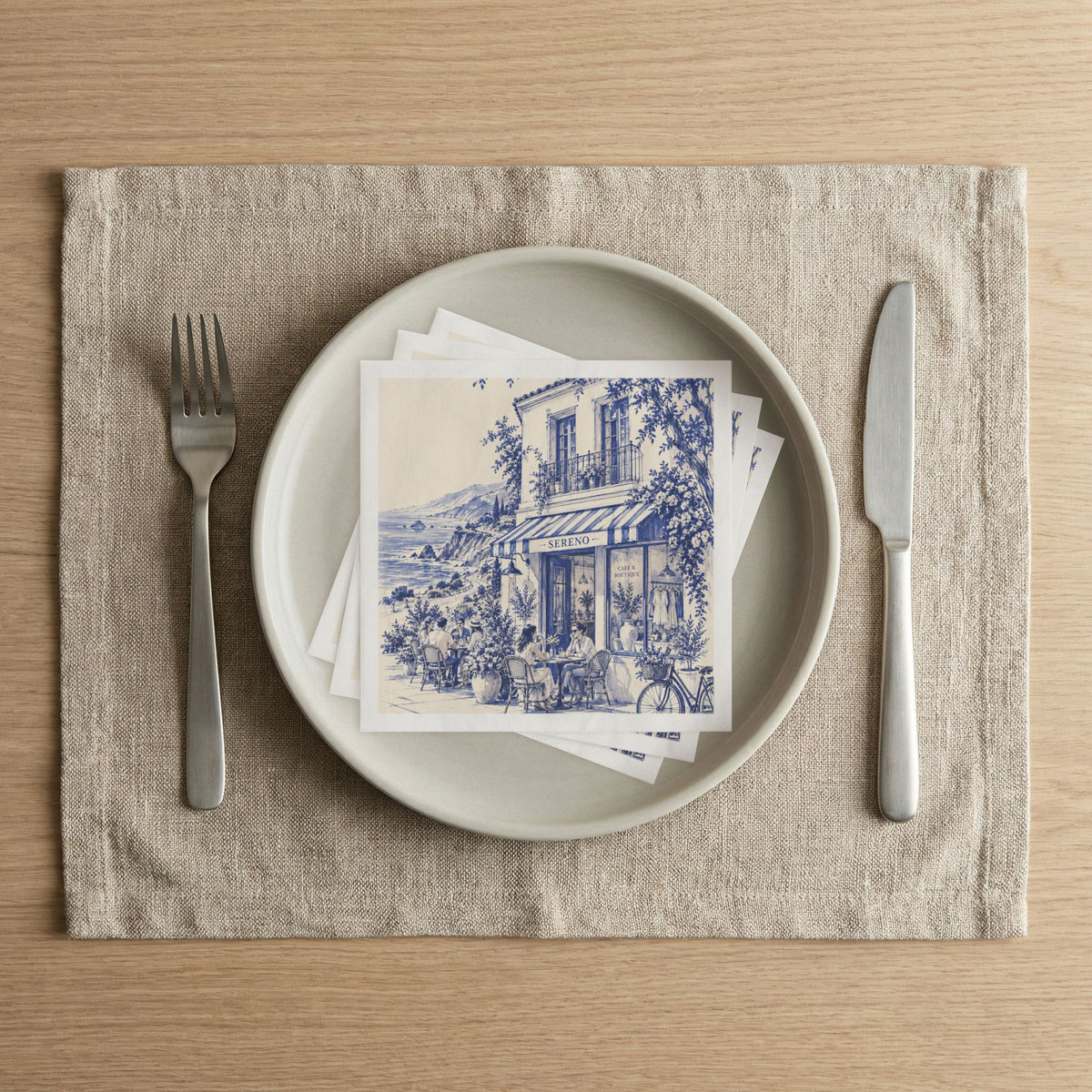 Pacific Coast Highway, California Boutique Café Cocktail Napkins — Sereno by Café Vivere Blue Bistro Coastal Scene