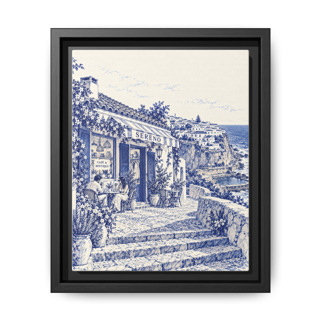 Sereno by Café Vivere - Azenhas do Mar Coastal Blue Ink Matte Canvas Print, Framed (Multi-color)