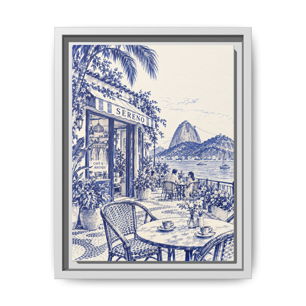 Sereno by Café Vivere - Rio de Janeiro Coast Blue Ink Matte Canvas Print, Framed (Multi-color)