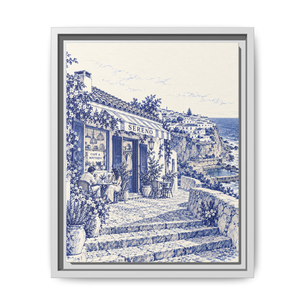 Sereno by Café Vivere - Azenhas do Mar Coastal Blue Ink Matte Canvas Print, Framed (Multi-color)