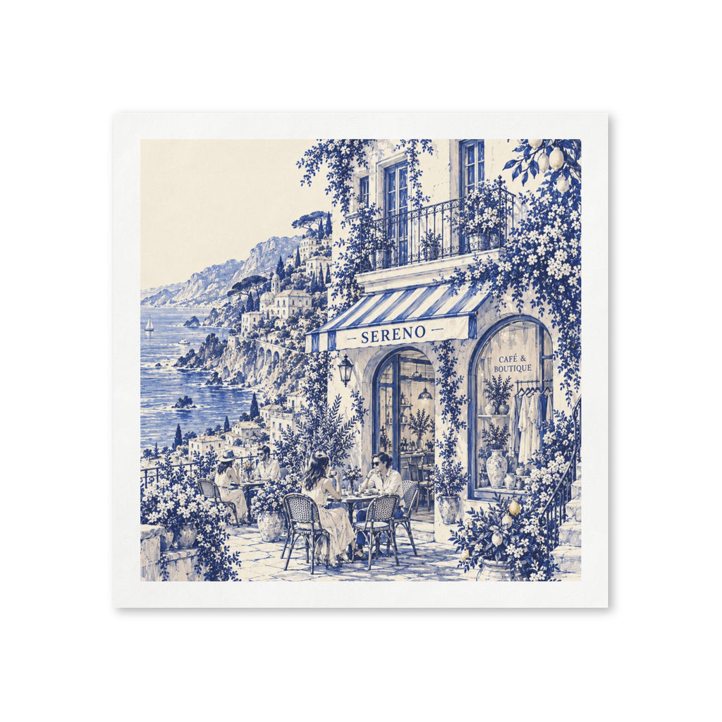Amalfi Coast Boutique Café Cocktail Napkins — Sereno by Café Vivere Blue Bistro Coastal Scene