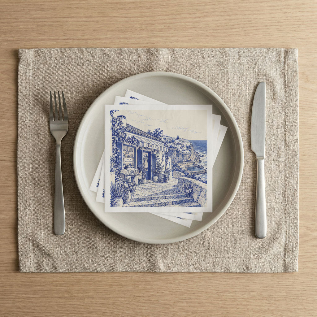 Azenhas do Mar Boutique Café Cocktail Napkins — Sereno by Café Vivere Blue Bistro Coastal Scene