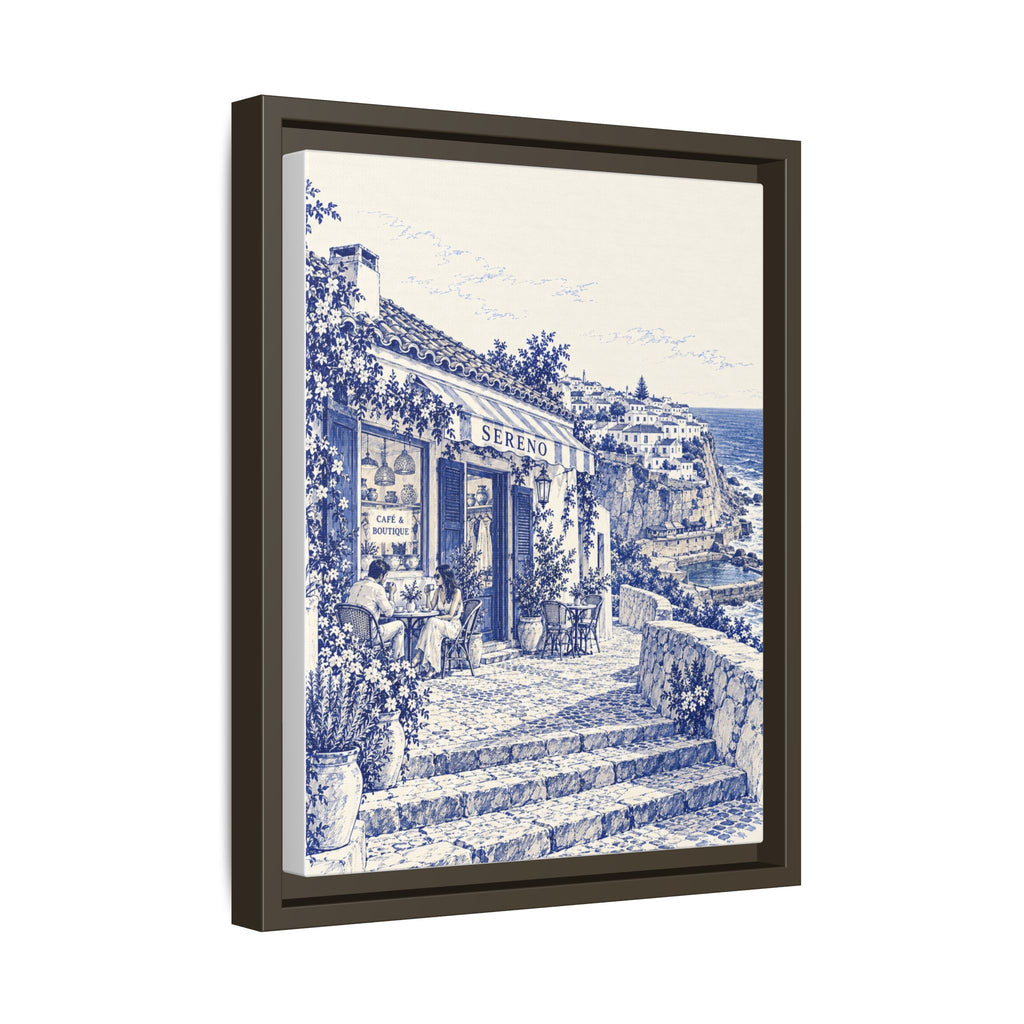 Sereno by Café Vivere - Azenhas do Mar Coastal Blue Ink Matte Canvas Print, Framed (Multi-color)