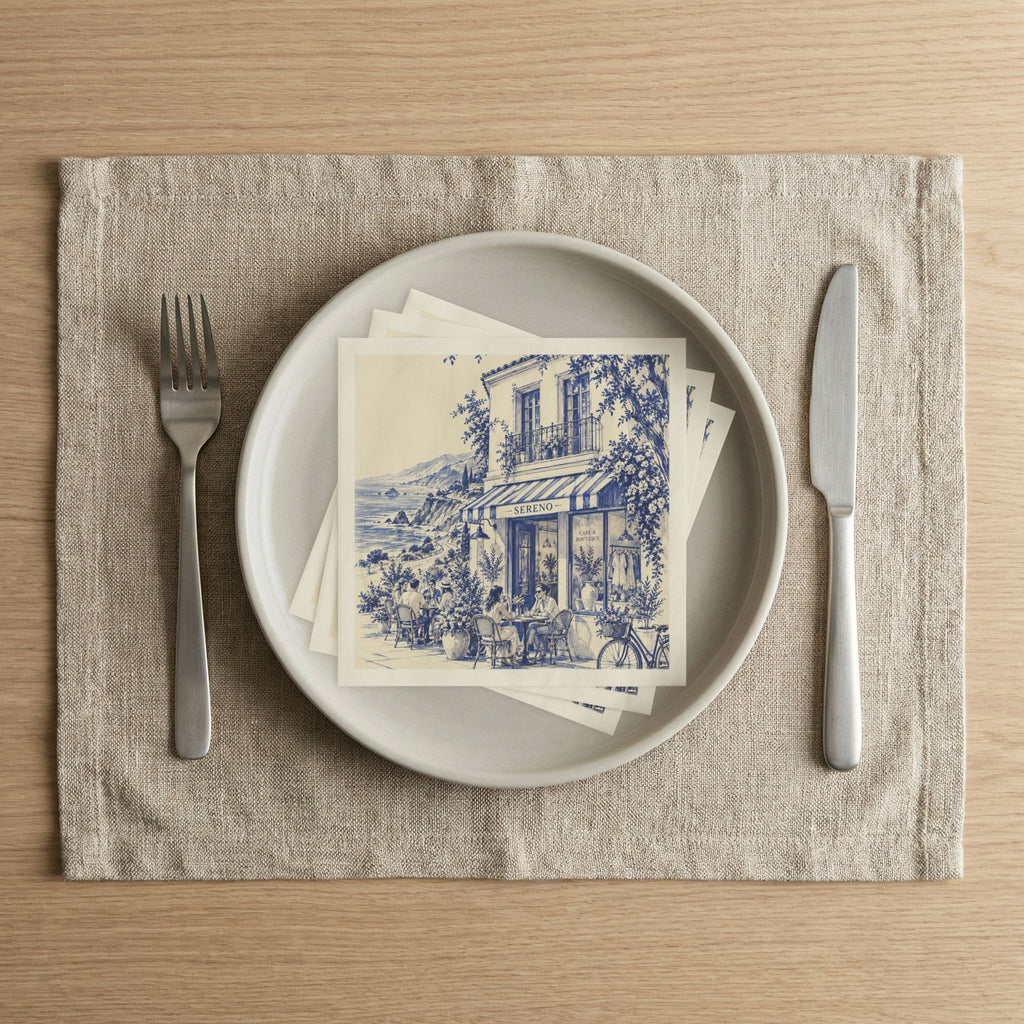 Pacific Coast Highway, California Boutique Café Cocktail Napkins — Sereno by Café Vivere Blue Bistro Coastal Scene