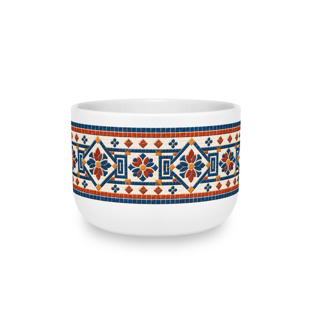 25oz Ceramic Latte Mug — Blue & Terracotta Cafe Vivere Mosaic Border
