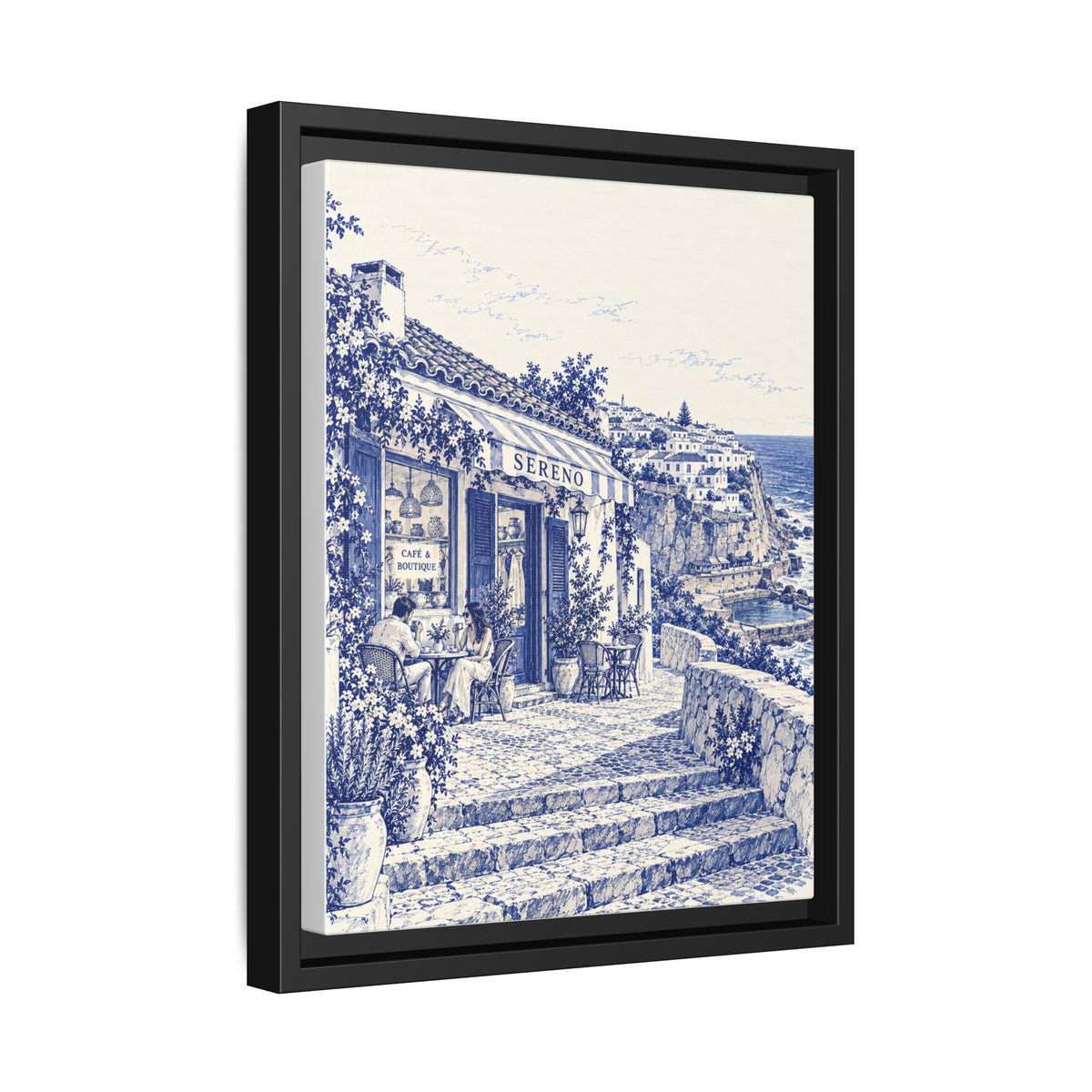 Sereno by Café Vivere - Azenhas do Mar Coastal Blue Ink Matte Canvas Print, Framed (Multi-color)