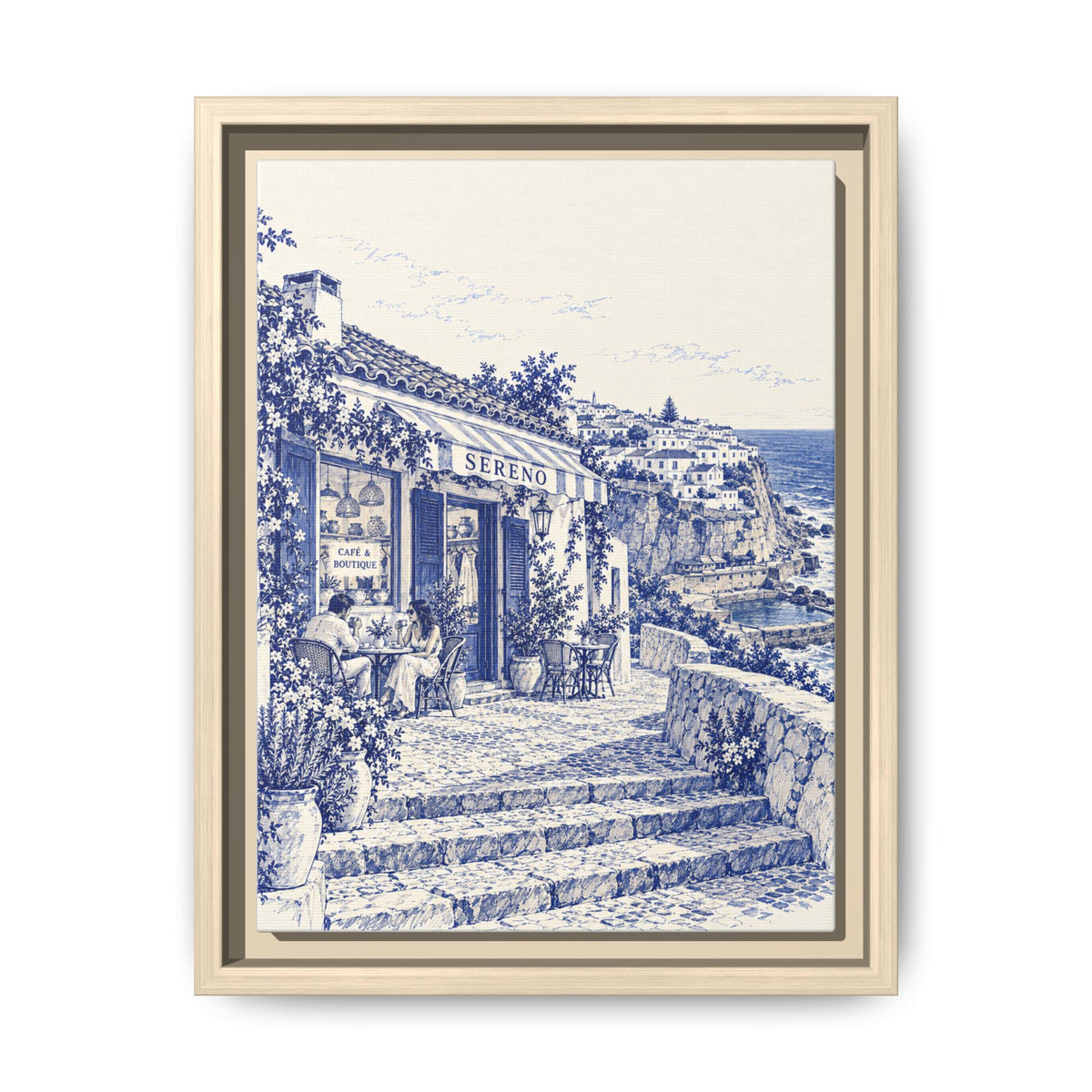 Sereno by Café Vivere - Azenhas do Mar Coastal Blue Ink Matte Canvas Print, Framed (Multi-color)