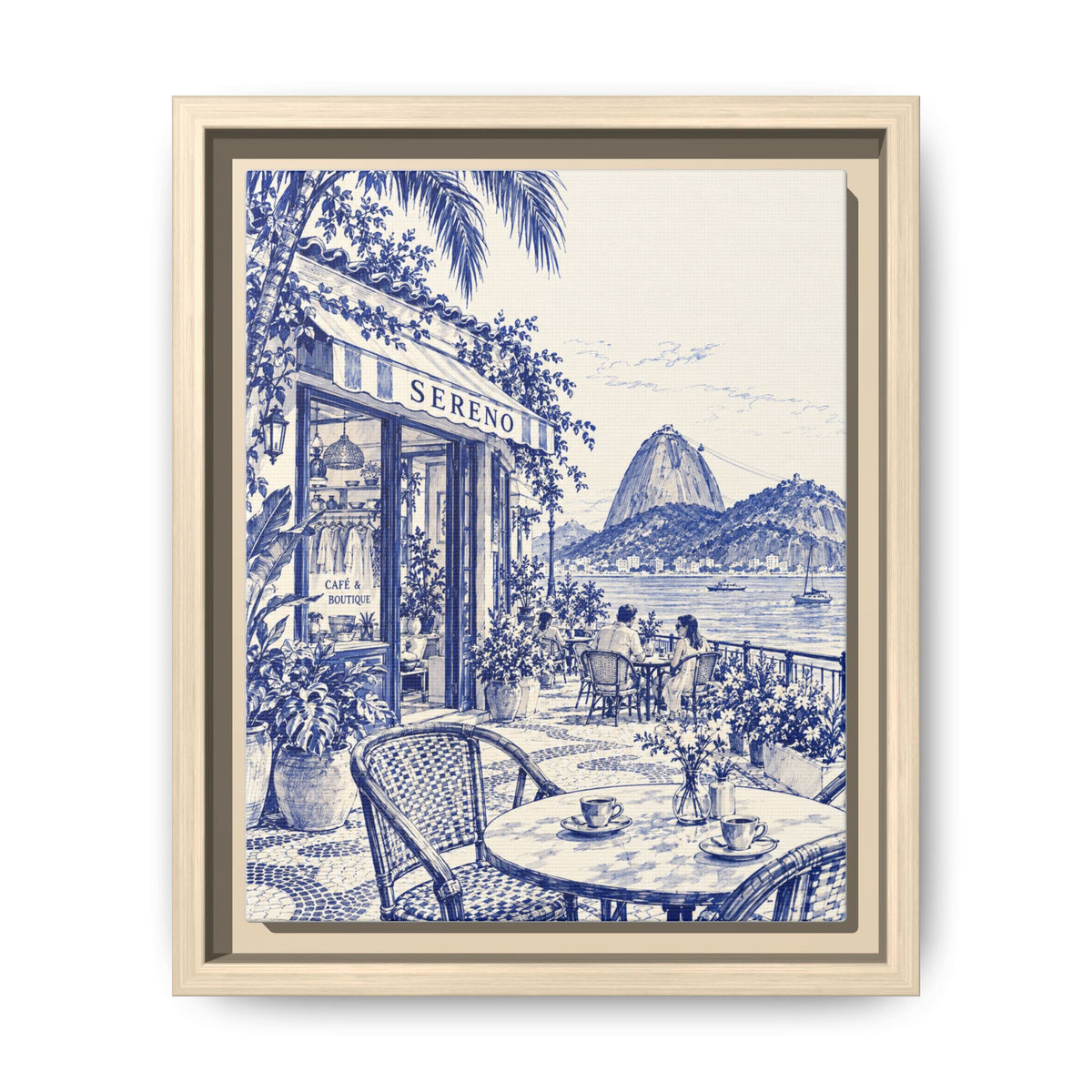 Sereno by Café Vivere - Rio de Janeiro Coast Blue Ink Matte Canvas Print, Framed (Multi-color)