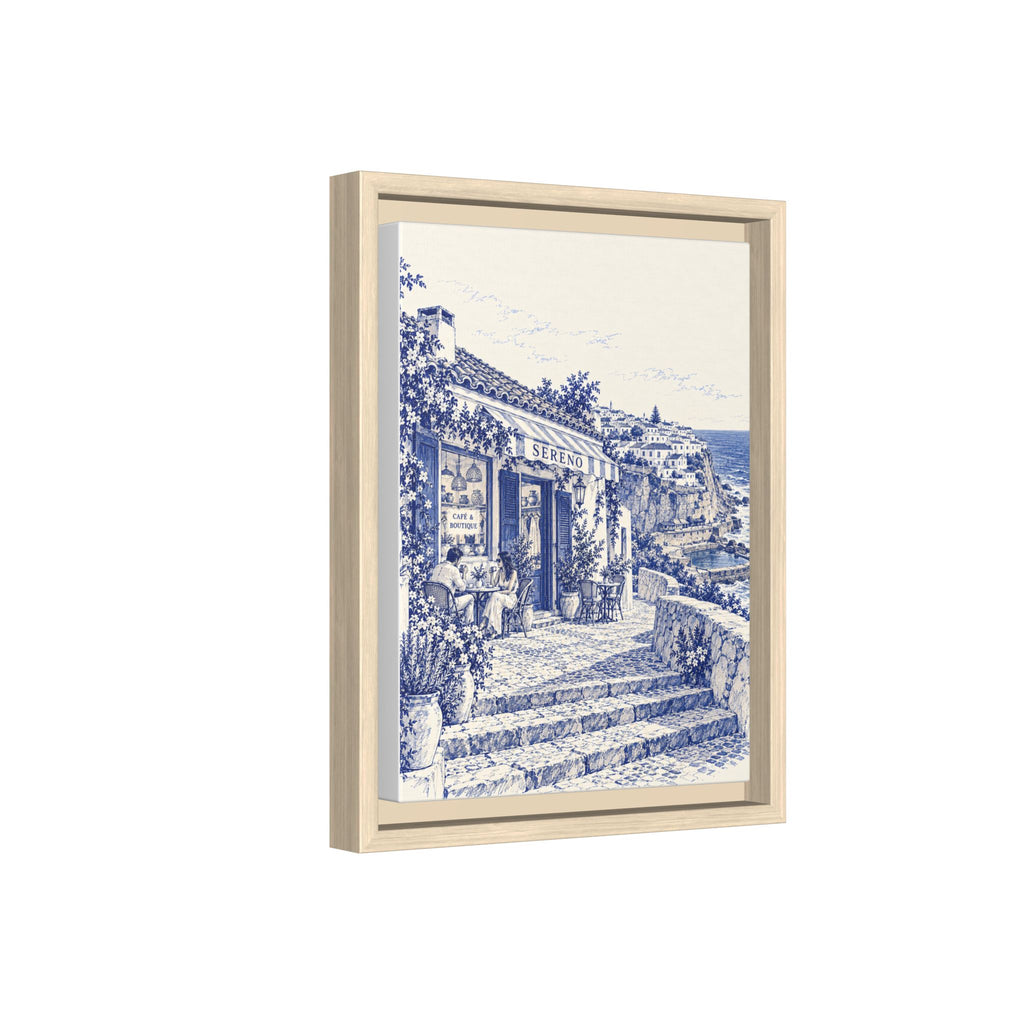 Sereno by Café Vivere - Azenhas do Mar Coastal Blue Ink Matte Canvas Print, Framed (Multi-color)