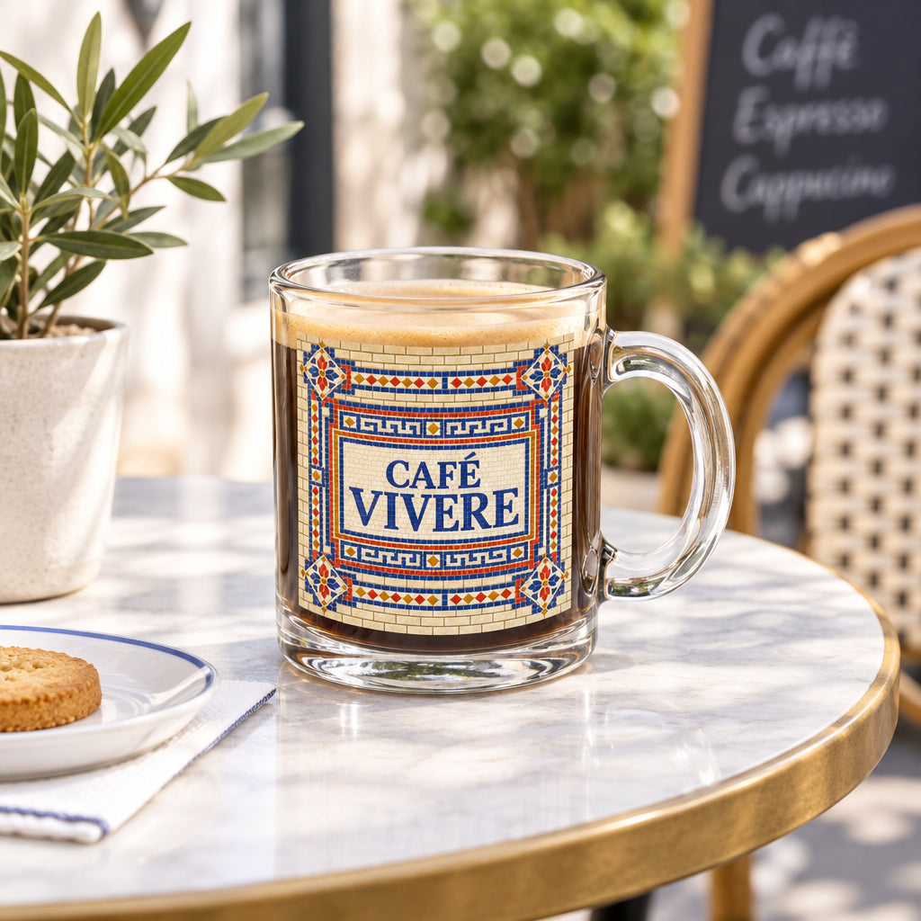 Café Vivere Mosaic Glass Mug — 10oz Clear Coffee Cup with Mediterranean Tile Design
