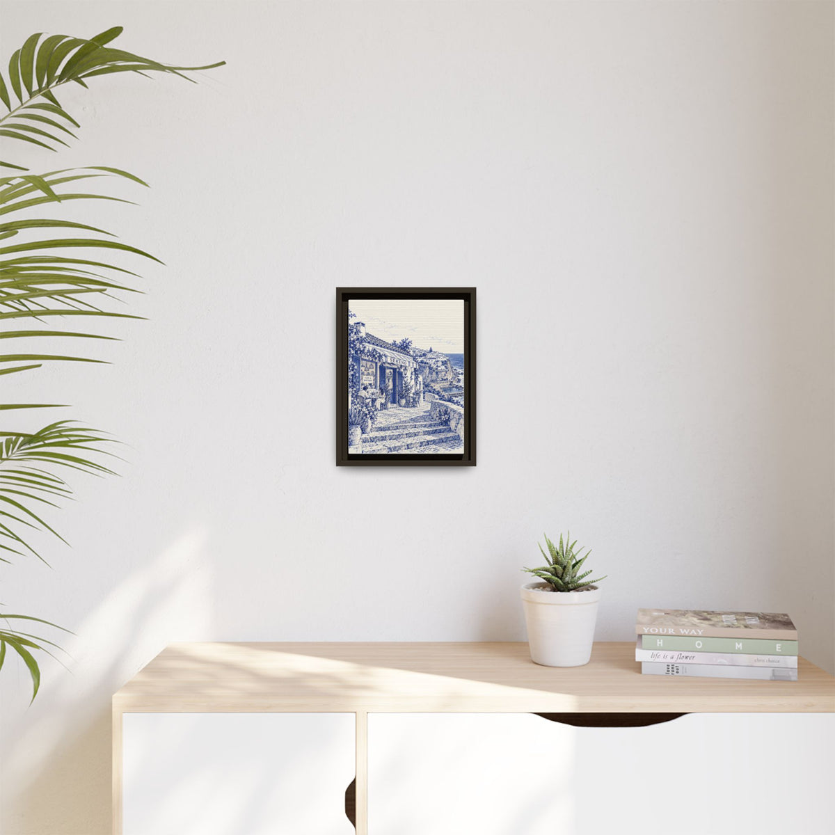 Sereno by Café Vivere - Azenhas do Mar Coastal Blue Ink Matte Canvas Print, Framed (Multi-color)