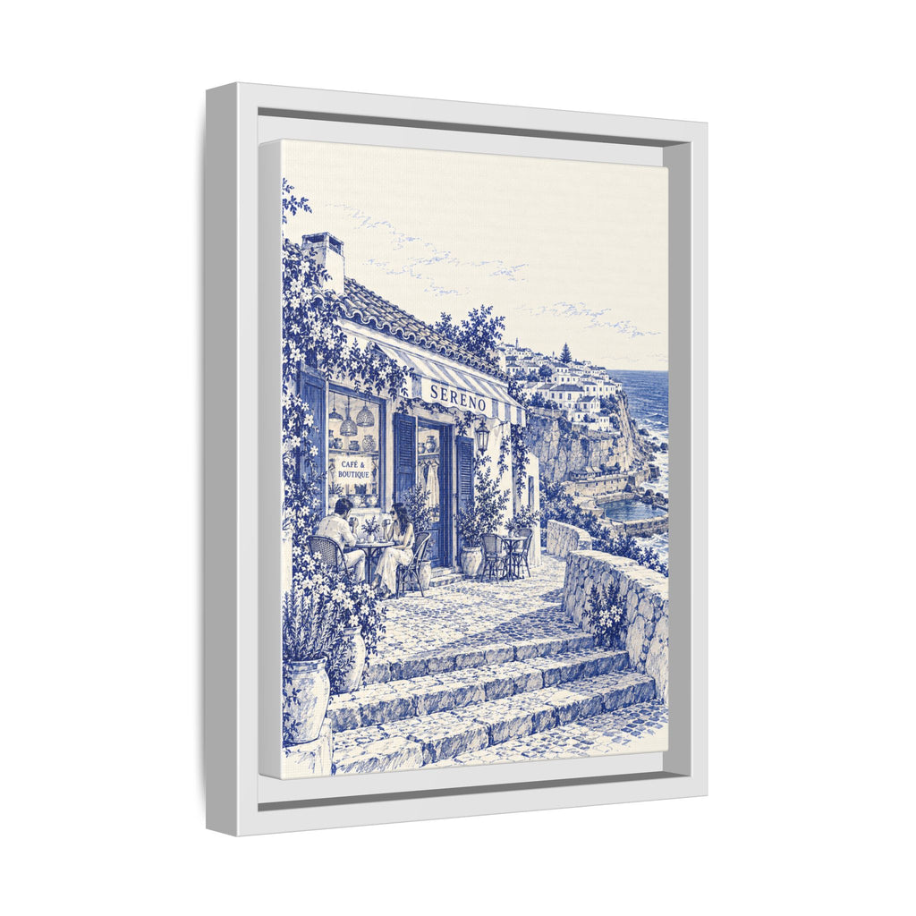 Sereno by Café Vivere - Azenhas do Mar Coastal Blue Ink Matte Canvas Print, Framed (Multi-color)