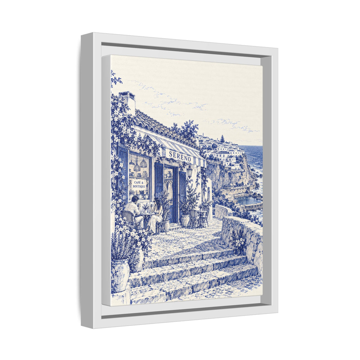 Sereno by Café Vivere - Azenhas do Mar Coastal Blue Ink Matte Canvas Print, Framed (Multi-color)