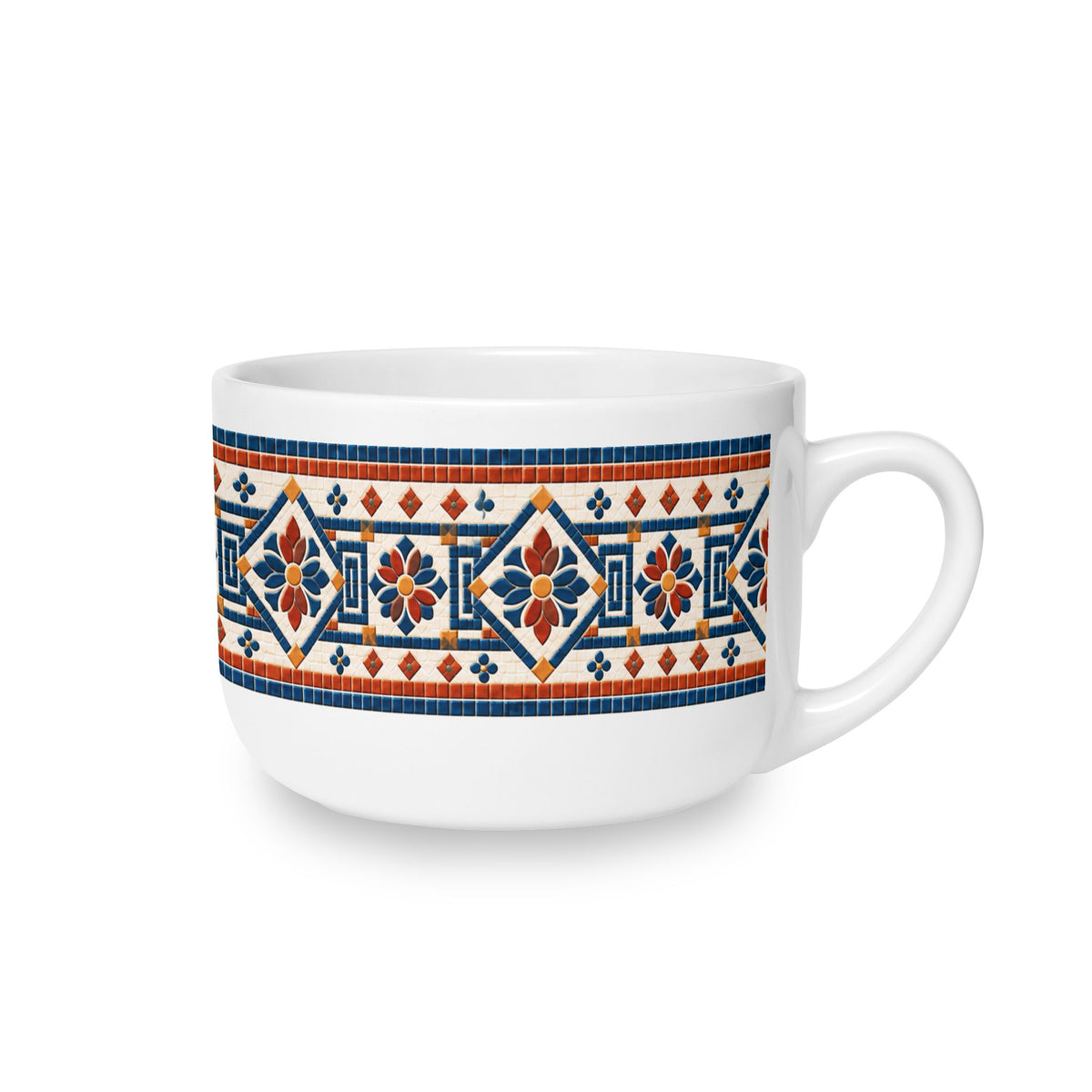 25oz Ceramic Latte Mug — Blue & Terracotta Cafe Vivere Mosaic Border