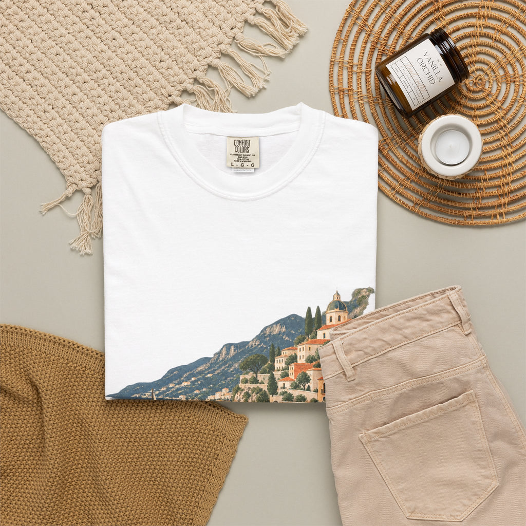 Coastal Italia T-Shirt — Café Vivere Amalfi Cliffside Sailboat Design