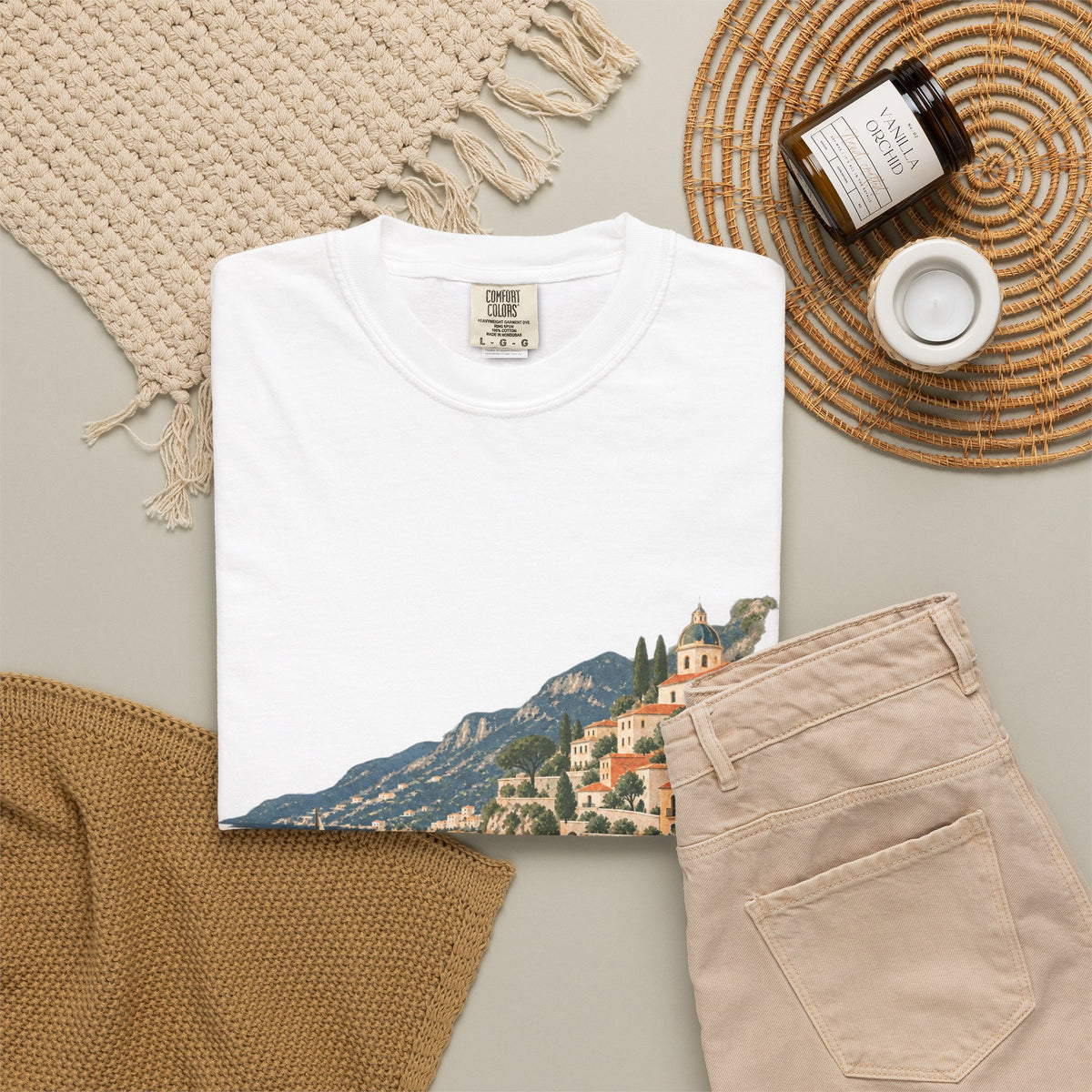 Coastal Italia T-Shirt — Café Vivere Amalfi Cliffside Sailboat Design