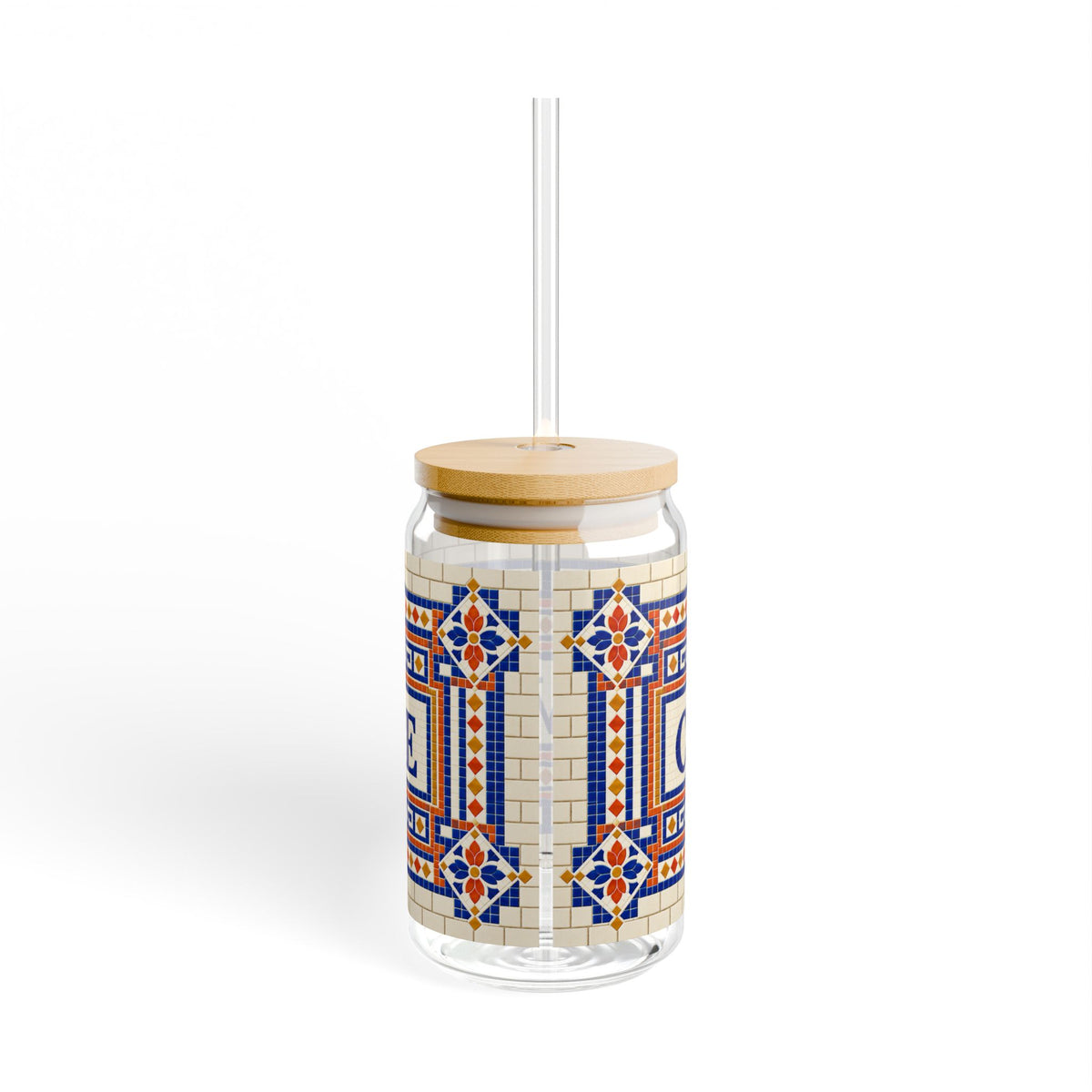 Café Vivere 16oz Sipper Glass – Ceramic Tile Mosaic Coffee Tumbler with Bamboo Lid & Straw