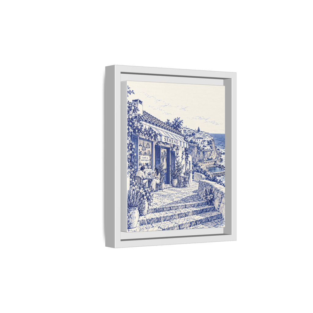Sereno by Café Vivere - Azenhas do Mar Coastal Blue Ink Matte Canvas Print, Framed (Multi-color)
