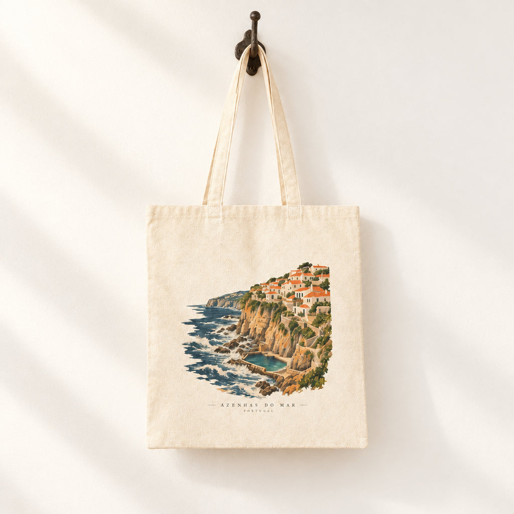 Sereno Seaside Cliffs Canvas Tote — Azenhas do Mar Portugal Illustrated Beach Town Bag