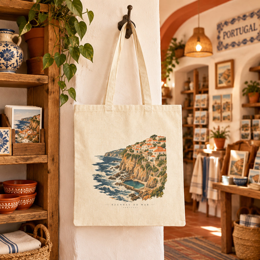 Sereno Seaside Cliffs Canvas Tote — Azenhas do Mar Portugal Illustrated Beach Town Bag