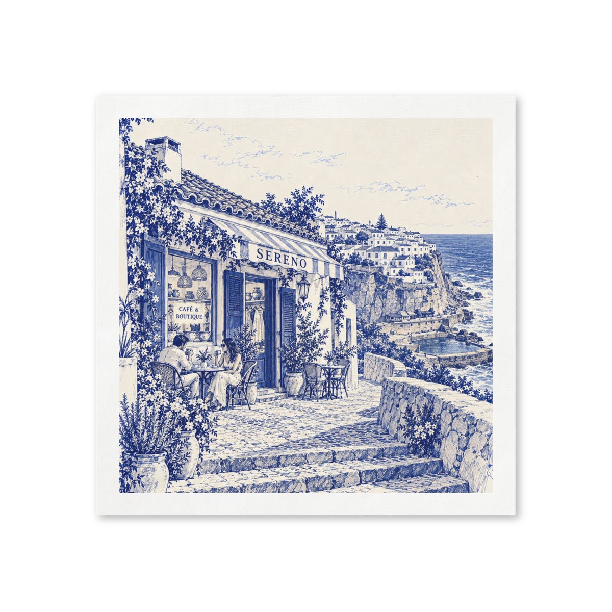 Azenhas do Mar Boutique Café Cocktail Napkins — Sereno by Café Vivere Blue Bistro Coastal Scene