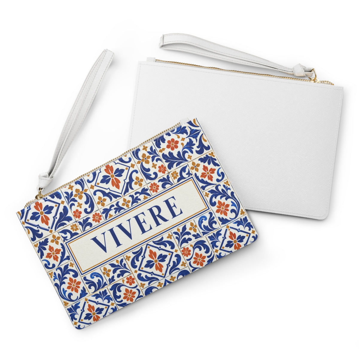 Vivere Tile Print Wristlet Clutch — Mediterranean Ceramic Pattern Cosmetic Bag